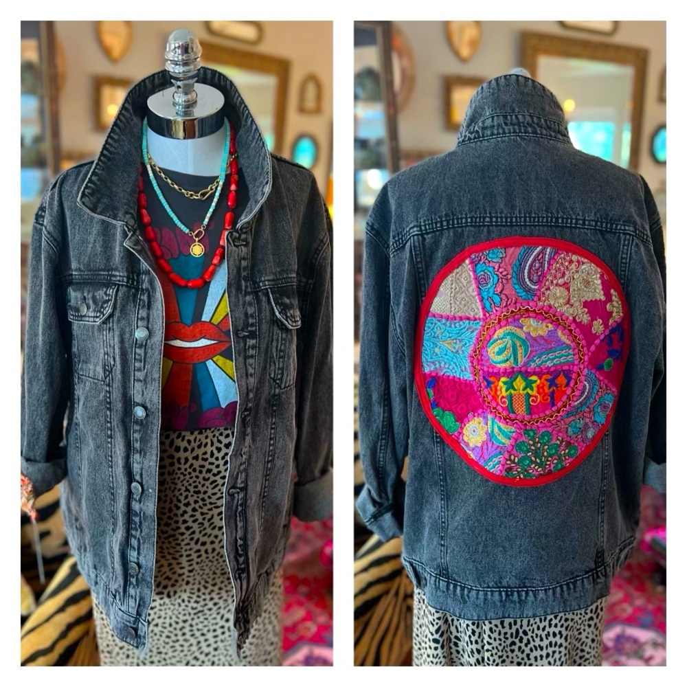 Reworked Black Boho Stonewashed Denim Jacket
